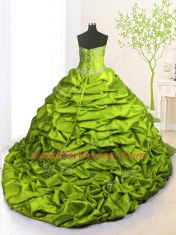 Admirable Olive Green Ball Gown Prom Dress Military Ball and Sweet 16 and Quinceanera and For with Beading and Appliques and Ruffled Layers and Pick Ups Strapless Sleeveless Brush Train Lace Up