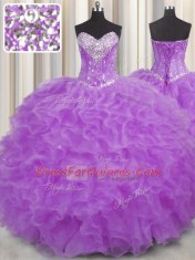 Fancy Floor Length Purple Quinceanera Gown Halter Top Sleeveless Lace Up