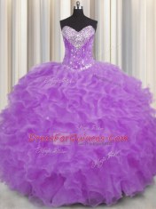 Fancy Floor Length Purple Quinceanera Gown Halter Top Sleeveless Lace Up