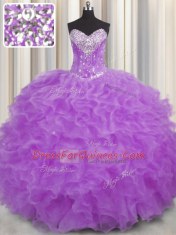 Fancy Floor Length Purple Quinceanera Gown Halter Top Sleeveless Lace Up