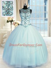 Light Blue Lace Up Scoop Beading 15 Quinceanera Dress Tulle Sleeveless