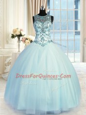 Light Blue Lace Up Scoop Beading 15 Quinceanera Dress Tulle Sleeveless