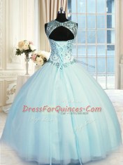 Light Blue Lace Up Scoop Beading 15 Quinceanera Dress Tulle Sleeveless