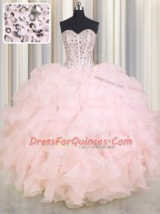Organza Sweetheart Sleeveless Lace Up Beading and Ruffles Sweet 16 Dresses in Baby Pink