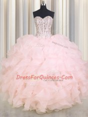 Organza Sweetheart Sleeveless Lace Up Beading and Ruffles Sweet 16 Dresses in Baby Pink