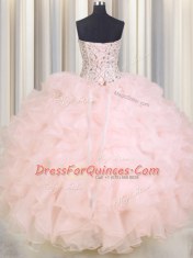Organza Sweetheart Sleeveless Lace Up Beading and Ruffles Sweet 16 Dresses in Baby Pink