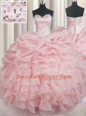 Floor Length Baby Pink Vestidos de Quinceanera Organza Sleeveless Beading and Ruffles