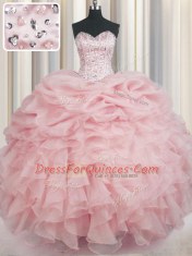 Floor Length Baby Pink Vestidos de Quinceanera Organza Sleeveless Beading and Ruffles