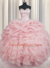 Floor Length Baby Pink Vestidos de Quinceanera Organza Sleeveless Beading and Ruffles