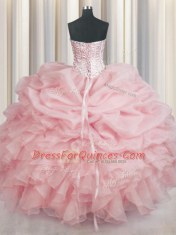 Floor Length Baby Pink Vestidos de Quinceanera Organza Sleeveless Beading and Ruffles