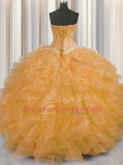 Orange Sleeveless Beading and Ruffles Floor Length Ball Gown Prom Dress