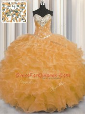 Orange Sleeveless Beading and Ruffles Floor Length Ball Gown Prom Dress