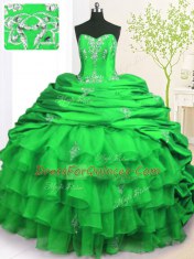 Flirting Green Strapless Lace Up Beading and Appliques and Ruffled Layers and Pick Ups Vestidos de Quinceanera Brush Train Sleeveless