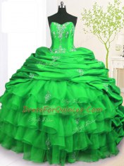 Flirting Green Strapless Lace Up Beading and Appliques and Ruffled Layers and Pick Ups Vestidos de Quinceanera Brush Train Sleeveless