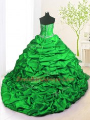 Flirting Green Strapless Lace Up Beading and Appliques and Ruffled Layers and Pick Ups Vestidos de Quinceanera Brush Train Sleeveless
