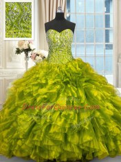 Olive Green Lace Up Sweetheart Beading and Ruffles Sweet 16 Dress Organza Sleeveless Brush Train