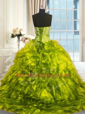 Olive Green Lace Up Sweetheart Beading and Ruffles Sweet 16 Dress Organza Sleeveless Brush Train