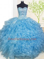 Customized Floor Length Baby Blue 15 Quinceanera Dress Organza Sleeveless Beading and Ruffles and Pick Ups