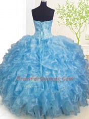 Customized Floor Length Baby Blue 15 Quinceanera Dress Organza Sleeveless Beading and Ruffles and Pick Ups