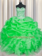 Romantic Organza Sweetheart Sleeveless Lace Up Beading and Ruffles Sweet 16 Quinceanera Dress in Green