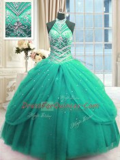 Unique Tulle Sleeveless Floor Length Ball Gown Prom Dress and Beading