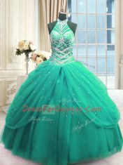 Unique Tulle Sleeveless Floor Length Ball Gown Prom Dress and Beading