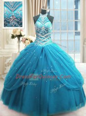 Baby Blue Tulle Lace Up Quinceanera Gowns Sleeveless Floor Length Beading
