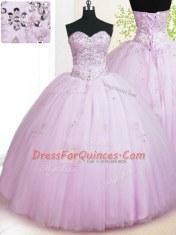On Sale Lilac Tulle Lace Up Sweet 16 Dress Sleeveless Floor Length Beading and Appliques
