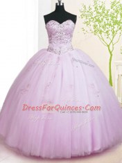 On Sale Lilac Tulle Lace Up Sweet 16 Dress Sleeveless Floor Length Beading and Appliques