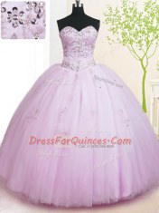 On Sale Lilac Tulle Lace Up Sweet 16 Dress Sleeveless Floor Length Beading and Appliques