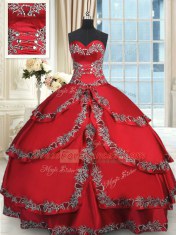 Charming Sweetheart Sleeveless Quince Ball Gowns Floor Length Beading and Embroidery and Ruffled Layers Wine Red Taffeta