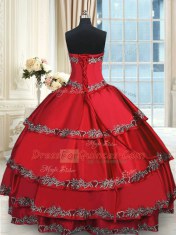 Charming Sweetheart Sleeveless Quince Ball Gowns Floor Length Beading and Embroidery and Ruffled Layers Wine Red Taffeta