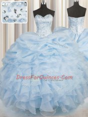 Romantic Beading and Ruffles Vestidos de Quinceanera Light Blue Lace Up Sleeveless Floor Length