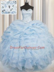 Romantic Beading and Ruffles Vestidos de Quinceanera Light Blue Lace Up Sleeveless Floor Length