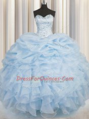 Romantic Beading and Ruffles Vestidos de Quinceanera Light Blue Lace Up Sleeveless Floor Length