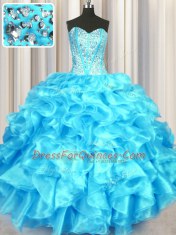 Aqua Blue Sleeveless Beading and Ruffles Floor Length Quinceanera Gowns