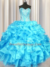 Aqua Blue Sleeveless Beading and Ruffles Floor Length Quinceanera Gowns