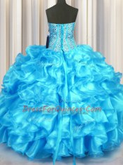 Aqua Blue Sleeveless Beading and Ruffles Floor Length Quinceanera Gowns