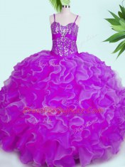 Nice Floor Length Lace Up Ball Gown Prom Dress Fuchsia for Military Ball and Sweet 16 and Quinceanera with Beading and Ruffles