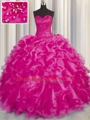 Fashionable Hot Pink Organza Lace Up Sweetheart Sleeveless Floor Length Quinceanera Dress Beading and Ruffles