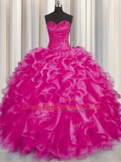Fashionable Hot Pink Organza Lace Up Sweetheart Sleeveless Floor Length Quinceanera Dress Beading and Ruffles