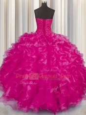 Fashionable Hot Pink Organza Lace Up Sweetheart Sleeveless Floor Length Quinceanera Dress Beading and Ruffles