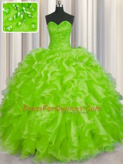 Glorious Yellow Green Lace Up Sweetheart Beading and Ruffles Sweet 16 Dress Organza Sleeveless