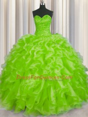 Glorious Yellow Green Lace Up Sweetheart Beading and Ruffles Sweet 16 Dress Organza Sleeveless