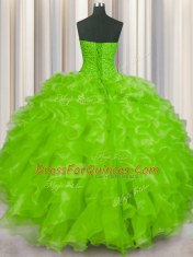 Glorious Yellow Green Lace Up Sweetheart Beading and Ruffles Sweet 16 Dress Organza Sleeveless