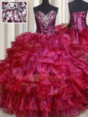 Ideal Sweetheart Sleeveless Organza Sweet 16 Dress Beading and Ruffles Lace Up