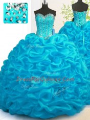 Stylish Aqua Blue Ball Gowns Beading and Ruffles Ball Gown Prom Dress Lace Up Organza Sleeveless With Train