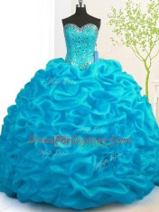 Stylish Aqua Blue Ball Gowns Beading and Ruffles Ball Gown Prom Dress Lace Up Organza Sleeveless With Train