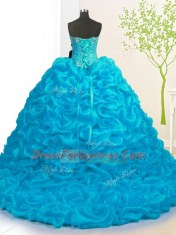 Stylish Aqua Blue Ball Gowns Beading and Ruffles Ball Gown Prom Dress Lace Up Organza Sleeveless With Train