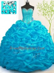 Stylish Aqua Blue Ball Gowns Beading and Ruffles Ball Gown Prom Dress Lace Up Organza Sleeveless With Train